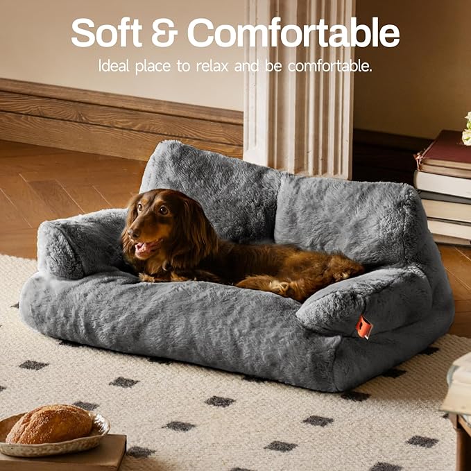 MEWOOFUN Dog Couch, Supportive Small Dog Bed for Puppy and Cats with Removable Washable Cover, Fluffy Cat Couch with Non-Slip Bottom (Dark Grey, 26.0" L X 19.0" W X 13.0" Th)-Mewly Pet