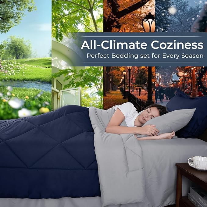 HEVUMYI Twin Comforter Set - 5-Piece All Season Bed in a Bag Twin, Ultra Soft Bedding Set with Comforter, Flat Sheet, Fitted Sheet, Pillowcases, Pillow Shams, Navy Blue & Light Grey