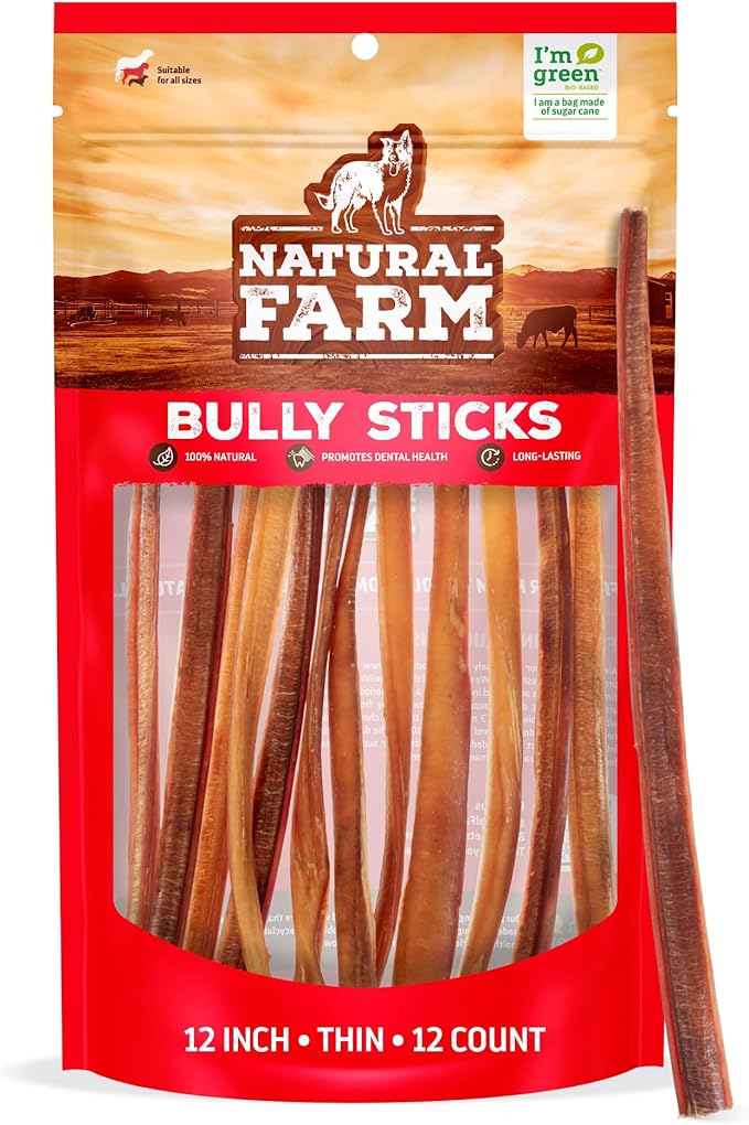Natural Farm Odor-Free Thin Bully Sticks (12”, 12-Pack) All-Natural Long-Lasting Dog Chews, 100% Beef Pizzle, Grass-Fed, Grain-Free, Protein for Muscle Development & Energy, Perfect for Large Dogs-Mewly Pet