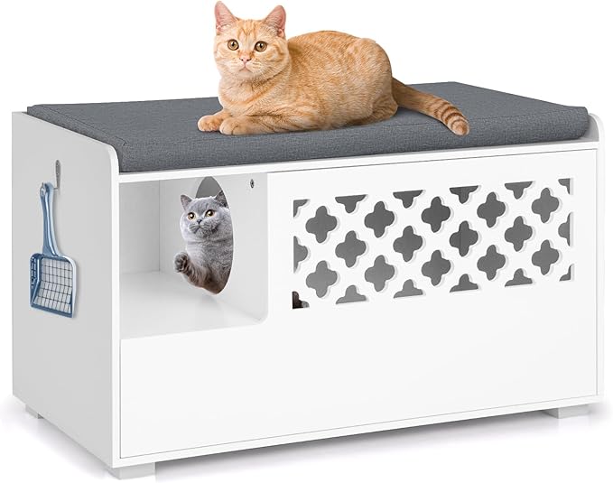 Tangkula Cat Litter Box Enclosure, Hidden Litter Box with Removable Cushion & Flip-Down Opening, Multifunctional Storage Cabinet Bench, Modern Litter Box Furniture Fits Most Litter Box (White)-Mewly Pet