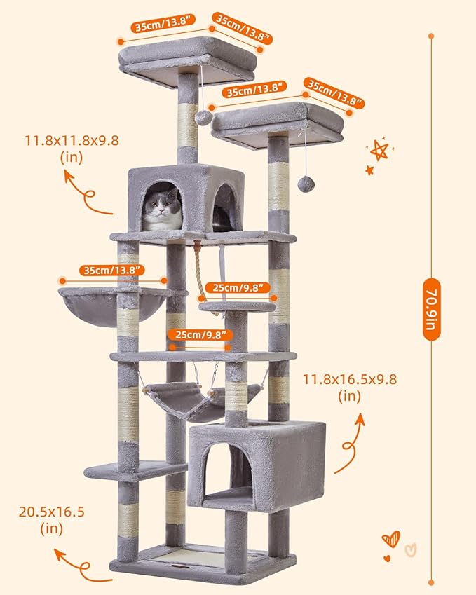 Taoqimiao Cat Tree, 71-Inch Cat Tree Cat Tower for Indoor Cats, Plush Multi-Level Cat Condo with 10 Scratching Posts, 2 Perches,Basket, 2 Caves,Hammock, 2 Pompoms,MS020W Light Gray-Mewly Pet