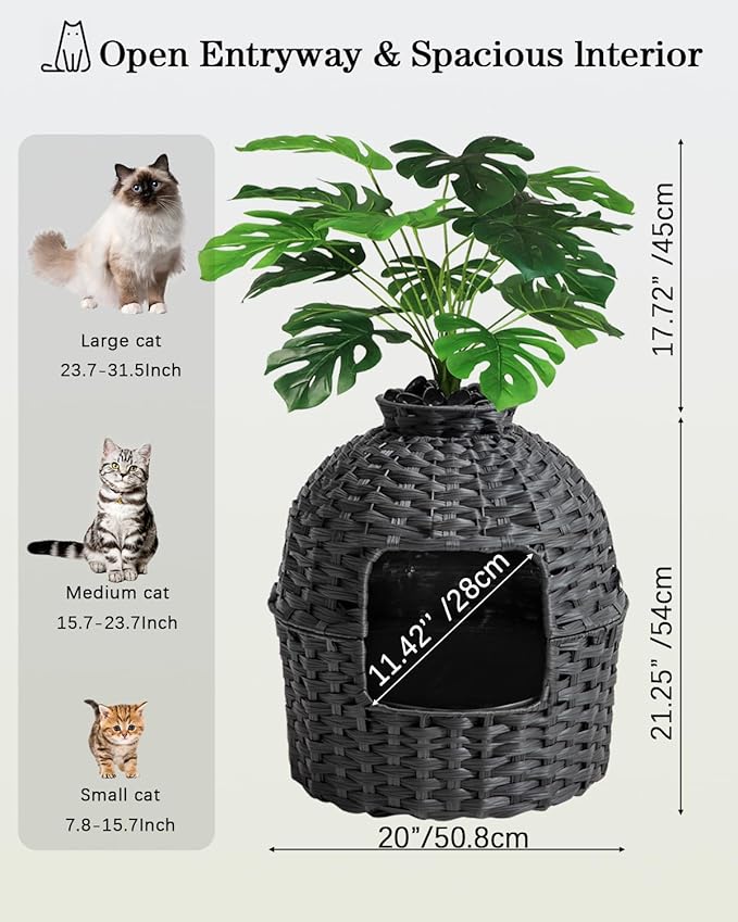 Cat Litter Box Plant Furniture Enclosure, Hidden Handwoven Rattan with Cat Litter Box and Artificial Plants, Odor Control Filter, Real Stones in Living Room, Bedroom, Corner (Black)-Mewly Pet