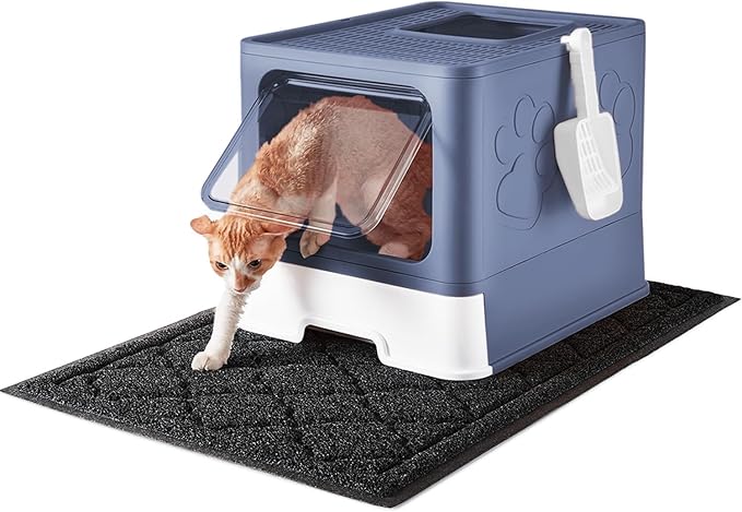 Cat Litter Box with X-Large Litter Mat and Scoop, Large Foldable Litter Box with Lid, Enclosed Kitty Box,Front Top Entry Exit, Odor Control Easy to Clean (Upgrade Midnight)-Mewly Pet