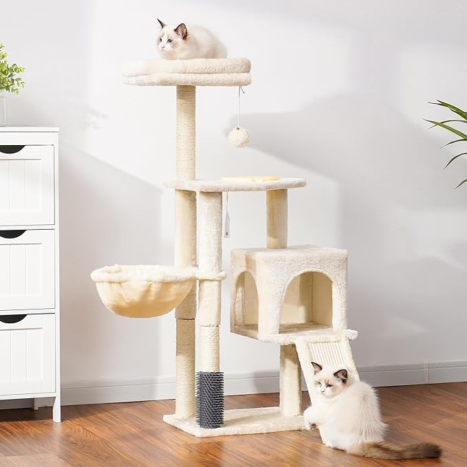 Heybly Cat Tree with Cat Self Groomer Brush, Cat Tower Condo for Indoor Cats with Padded Plush Perch, Cat House with Basket Scratching Board Post, Beige HCT005SM-Mewly Pet