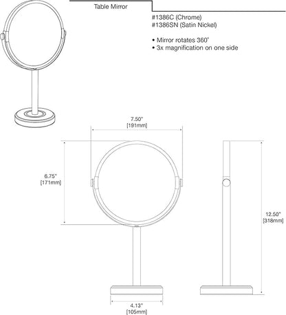Gatco 1386C Latitude II Minimalist Bathroom Counter Top Vanity, 3x Magnification Makeup Mirror, 12.5" Height, Chrome