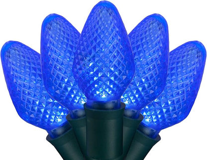 C7 LED Faceted Blue Prelamped Light Set, Green Wire - 25 C7 Blue LED Christmas Lights, 8" Spacing