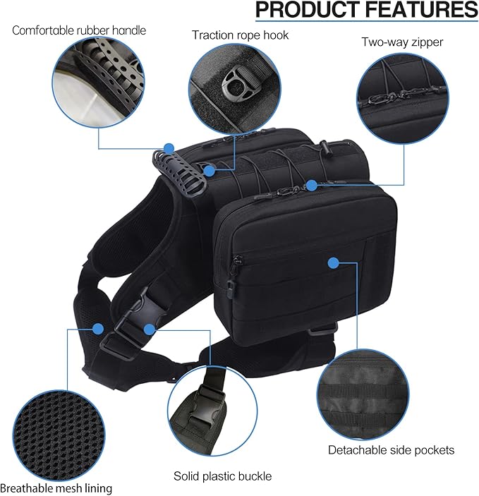 BYGD Dog Backpack for Hiking and Camping,Waterproof Lightweight Dog Hiking Backpack Harness with 2 Big Side Pockets Detachable Adjustable, Dog Saddle Bag for Large Dogs Walking Outdoor(X,XL Black)-Mewly Pet