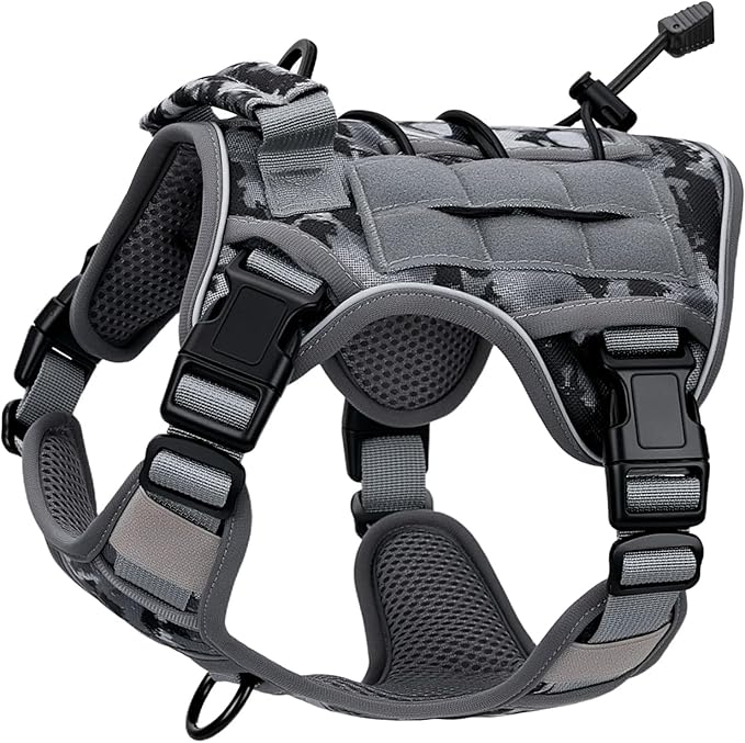 Heavy-Duty Tactical Dog Harness for Large Dogs, No Pull Adjustable Reflective Pet Vest with Molle System, K9 Military-Grade Control for Service Training, Outdoor & 10+ Breeds, Gray Camo, Small-Mewly Pet
