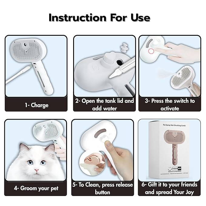 4 in 1 Cat Steam Brush: steam brush for cats, Grooming, Shedding, Mist Spray, Hair Removal Comb & Massager, USB Rechargeable Self Cleaning cat steam brushes for indoor cats - White-Mewly Pet