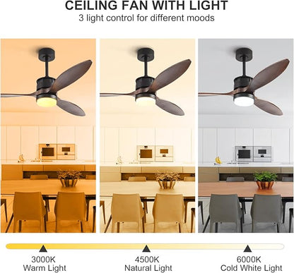 BOJUE Ceiling Fans with Lights, 60 Inch Black Ceiling Fan with Remote Control, 3 Wood Fan Walnut Blades, Modern Fan Lights for Farmhouse Living Room/Bedroom/Study