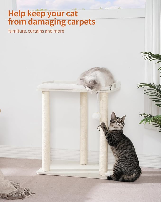 FourFurPets 26.7in Large Cat Tree Tower Condo, Cat Scratch Posts for Indoor Cats, Big Plate, Three 23.6in Full Sisal Scratching Posts, White-Mewly Pet