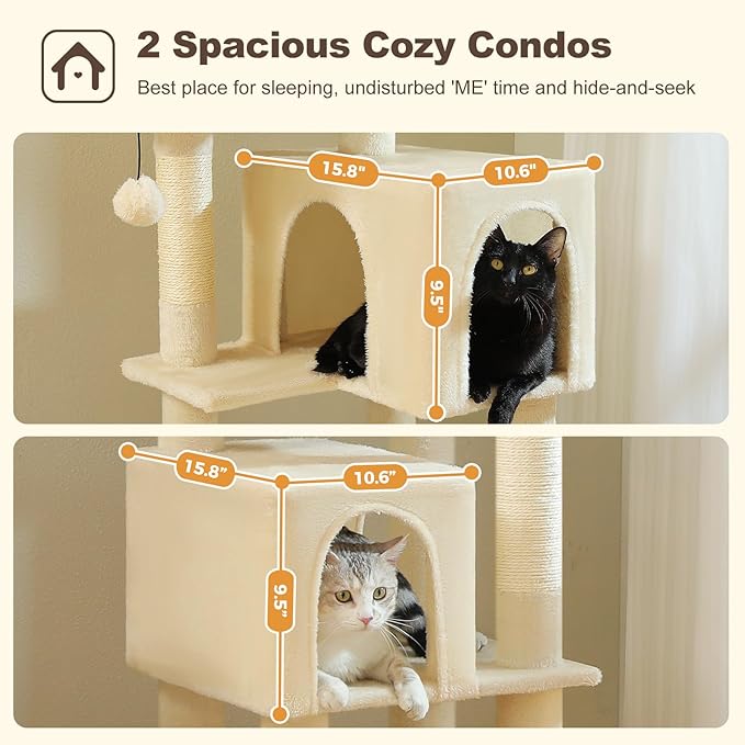 Cat Tree for Indoor Cats, Multi-Level Cat Tower with Sisal Scratching Posts, Padded Platform, Multi-Level Cat Condo w/Soft Bed & Scratching Pad, 2 Pompoms, Sturdy Base, Beige-Mewly Pet