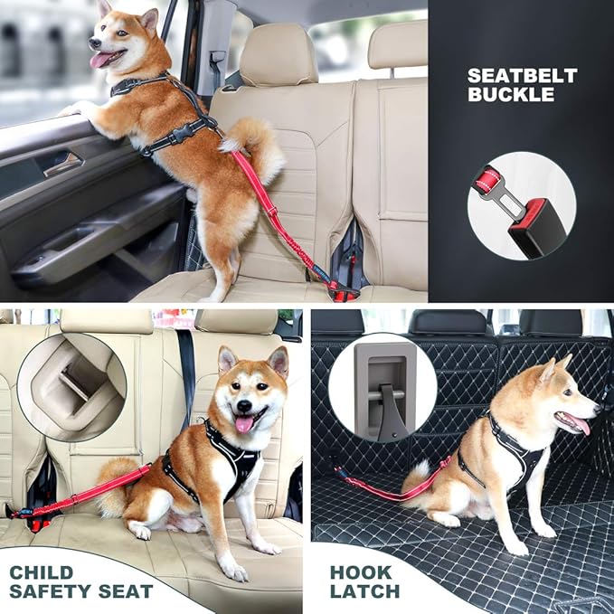 IOKHEIRA Dog Seat Belt 3-in-1 Car Harness for Dogs Adjustable Safety Seatbelt for Car Durable Nylon Reflective Bungee Fabric Tether with Clip Hook Latch & Buckle, Swivel Zinc Alloy Carabiner Red-Mewly Pet