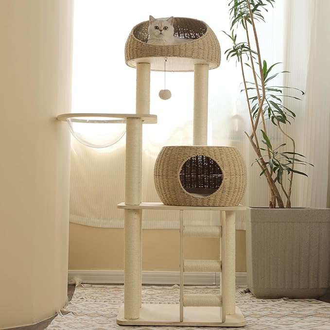 Rattan Cat Tree for Indoor Cats,Tall Cat Tree Tower with Cat Scratching Post,Wood Cat Tower for Indoor Cats,57.5 Inch Tall-Mewly Pet
