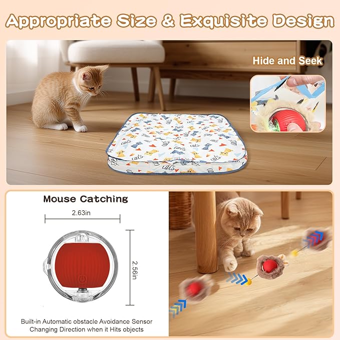 Rocfish Interactive Cat Toys Ball - Automatic Fast Rolling Ball in Play Mat, Hide and Seek Mouse Catching Game, Low-Noise Cat Enrichment Toys in Pouch for Indoor Bored Cats (Red Toy & Square Mat)-Mewly Pet