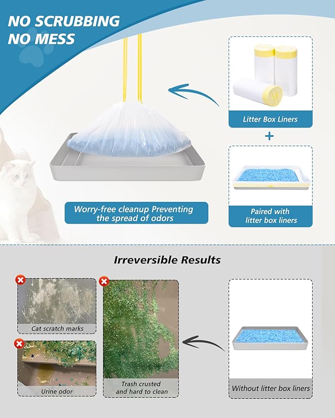 KONE 45 Count Litter Box Liners, Pet* Scoopfree Self-Cleaning Box Liners, Automatic Kitty Litter Bags, Thickened & Leak-Proof Drawstring Cat Litter Waste Bags, Disposable Refill Tray Rectangle Bags-Mewly Pet