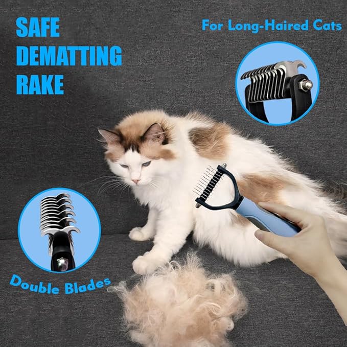 Grooming Brush Kit - 5pcs for Shedding & Matted Fur, Self-Cleaning with Flea Comb for Indoor Long-Haired Cats, Blue-Mewly Pet