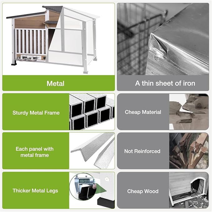 Dog House Outdoor with Bowls Weatherproof Dog Kennel with Anti-Chewing Iron Frame Dog Shelter for Small Medium Dogs(Light Brown)-Mewly Pet
