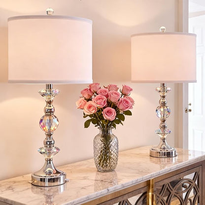 25.5" Crystal Table Lamps Set of 2 for Living Room, Modern Bedside Nightstand Lamps with USB A+C Charging Ports with White Shade, 3 Way Dimmable Nickel Bedroom Lamp for End Table