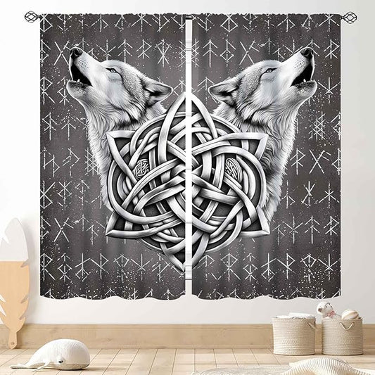 Viking Curtains, Gothic Nordic Wolf Celtic Rune Scandinavian Viking Runes Norse Mythology Aesthetic Retro Drapery for Bedroom Living Room Bathroom Window 2 Panel Set, 84"x84" Inch