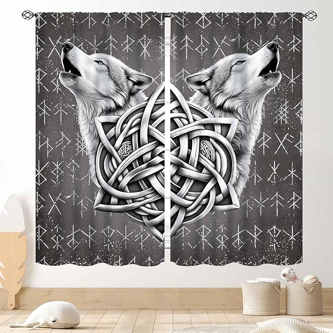Viking Curtains, Gothic Nordic Wolf Celtic Rune Scandinavian Viking Runes Norse Mythology Aesthetic Retro Drapery for Bedroom Living Room Bathroom Window 2 Panel Set, 42"x45" Inch