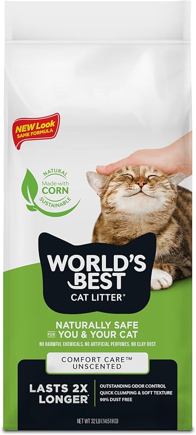 WORLD'S BEST CAT LITTER Comfort Care Unscented, 32-Pounds - Natural Ingredients, Quick Clumping, Flushable, 99% Dust Free & Made in USA - Long-Lasting Odor Control & Easy Scooping-Mewly Pet