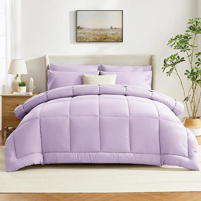 CozyLux King Size Comforter Set Lavender, 7 Pieces Bed in a Bag, Light Purple Comforter King Size, All Season Bedding Sets with Stitch Quilted Comforter, Flat Sheet, Fitted Sheet, Pillowcases