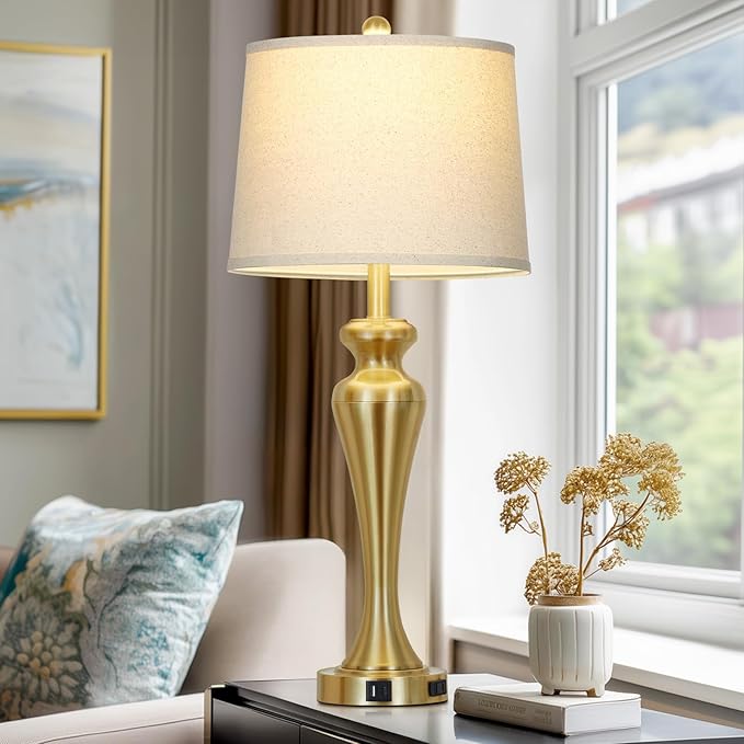30" Gold Tall Table Lamps for Living Room, Touch Control Bedroom Lamp with USB A+C Ports and AC Outlet, 3-Way Dimmable Bedside Table Lamps Set of 2, Modern Metal Lamp for Nightstand