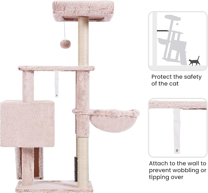 Heybly Cat Tree with Cat Self Groomer Brush, Cat Tower Condo for Indoor Cats with Padded Plush Perch, Cat House with Basket Scratching Board Post, Muchroom HCT005SMU-Mewly Pet