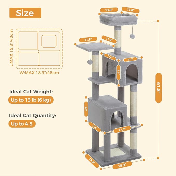 Cat Tree for Indoor Cats, 62-Inch Multi-Level Cat Tower with Scratching Posts for Large Cats, 2 Bigger Plush Condos, Padded Platform, Soft Cat Bed and Scratching Pad, 2 Pompoms, Gray-Mewly Pet