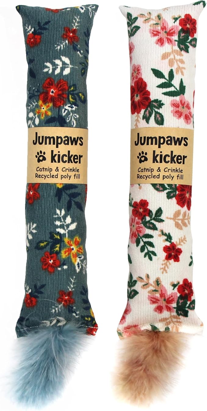 2 Pack Natural Interactive Catnip & Silvervine Cat Kicker with Feathers, Bite Resistant Chew Toy, Crinkle Kicker, Accessories for Indoor Cat, Premium Corduroy Floral-Mewly Pet