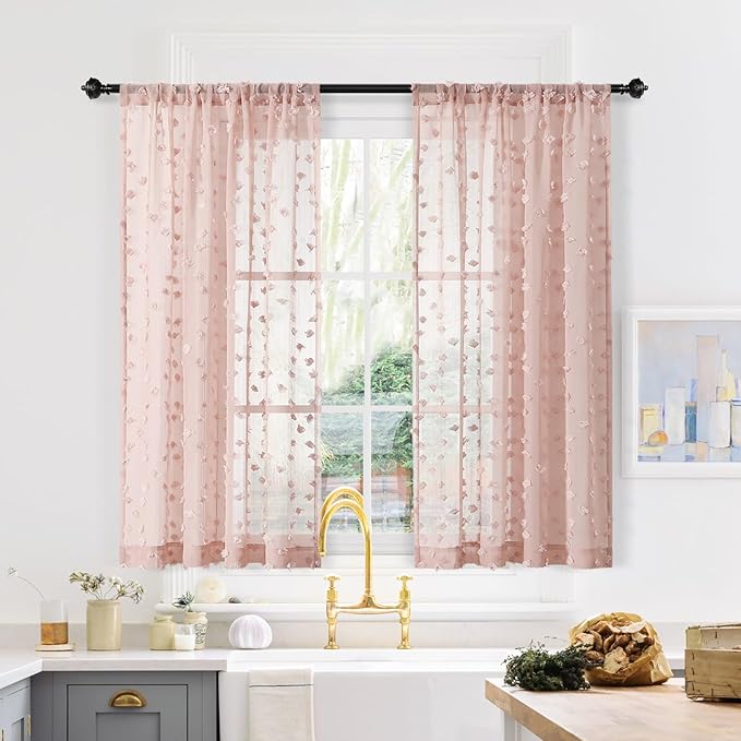 MYSKY HOME Pink Sheer Short Curtains with Pom Pom for Small Windows Dusty Rose Bedroom Nursery Kids Girls Room Curtains Cafe Kitchen Light Filtering Boho Drapes, Rod Pocket,52 x 54 Inches, 2 Panels