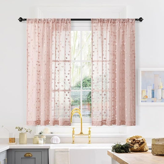 MYSKY HOME Pink Sheer Short Curtains with Pom Pom for Small Windows Dusty Rose Bedroom Nursery Kids Girls Room Curtains Cafe Kitchen Light Filtering Boho Drapes, Rod Pocket,52 x 54 Inches, 2 Panels