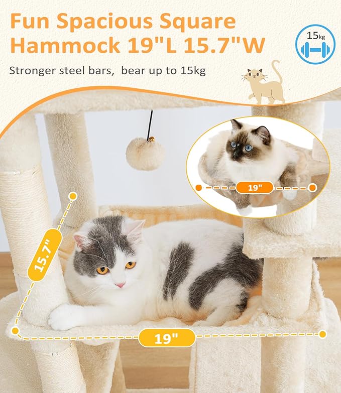 Cat Tree Large Cat Tower Tree 68" Multi-Level Cat Tower for Indoor Cats with Sisal Scratching Posts, Widen Cat Perche, Square Hammock, 2 Widen Condos, Scratching Posts, Beige-Mewly Pet