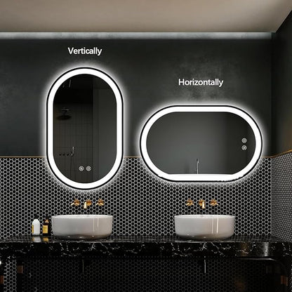 Niccy Oval LED Mirror for Bathroom, 32x20 Front Lit + Backlit Vanity Mirrors with Light Anti-Fog, Shatter-Proof, Makeup Mirror with Black Frame (Horizontal/Vertical)