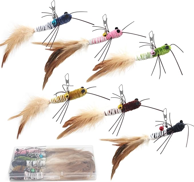 SONGWAY Insect Cat Toys with Feather - 6 Pieces Cat Worm Toy Refills, Cat Toy Wand Attachments, Worm Cat Toys, Interactive Toys for Indoor Cats Kittens-Mewly Pet