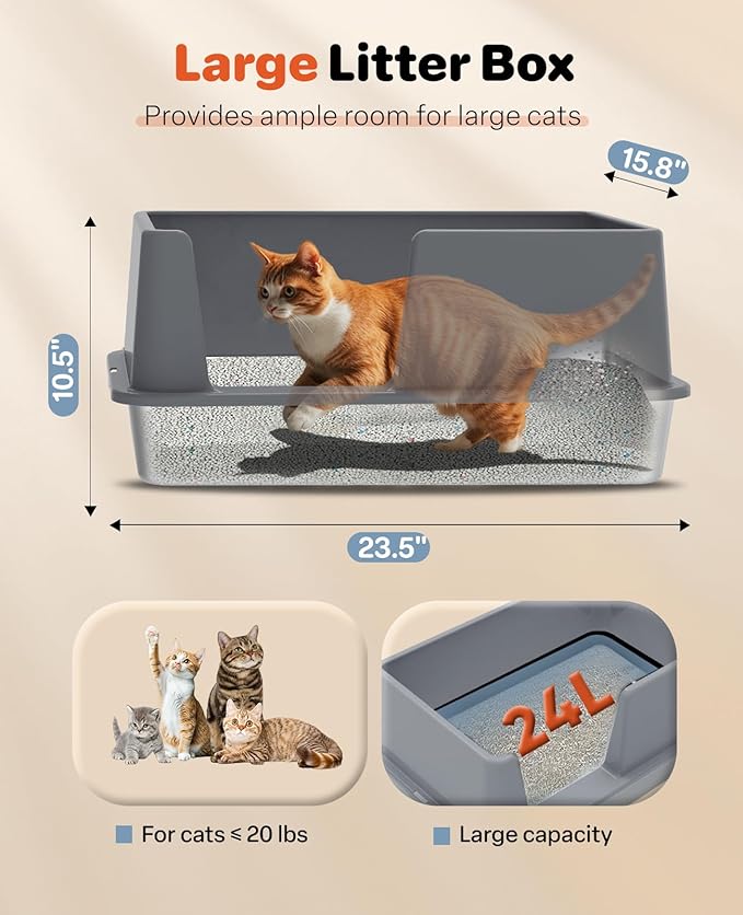 Stainless Steel Litter Box with Lid, 23.5" L x 15.8" W x 10.5" H, Large Metal Cat Box for Big Cats, High Sided Kitty Litter Box with Scoop & Pee Pads, Non-Sticky, Anti-Leakage, Easy to Clean (Gray)-Mewly Pet