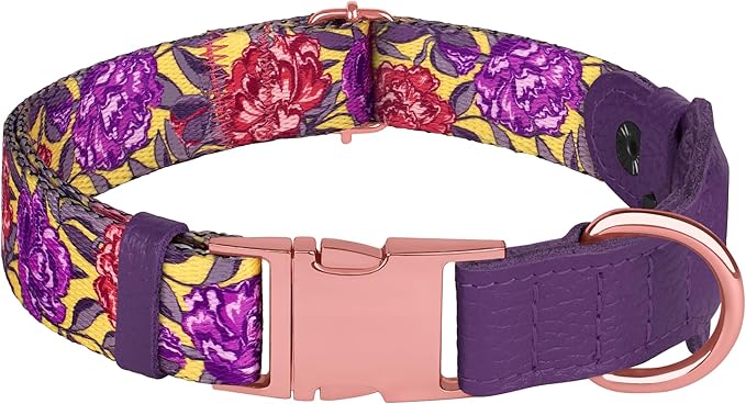 AirTag Dog Collar for Small Medium Large Breed - Adjustable Cute Pattern Dog Collar with Airtag Holder - Soft Leather Tracker GPS Apple Air Tag Pet Collars (Small, 12"-15" Neck Fit, Peonies)-Mewly Pet
