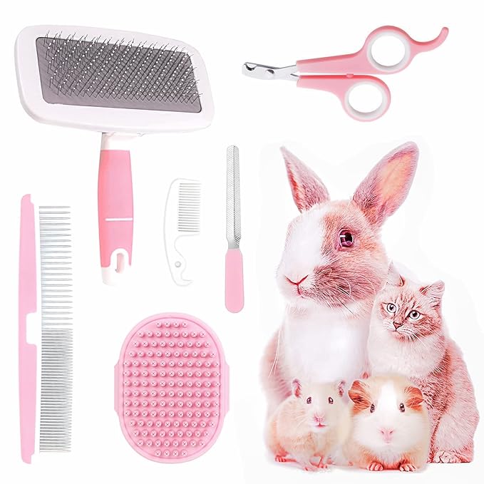 Small Animal Pet Grooming Kit with Pet Shedding Slicker Brush, Bath Massage Glove, Pet Grooming Comb, Nail Clipper Trimmer for Rabbit, Puppy, Kitten, Guinea Pig, Hamster, Ferret (Pink)-Mewly Pet