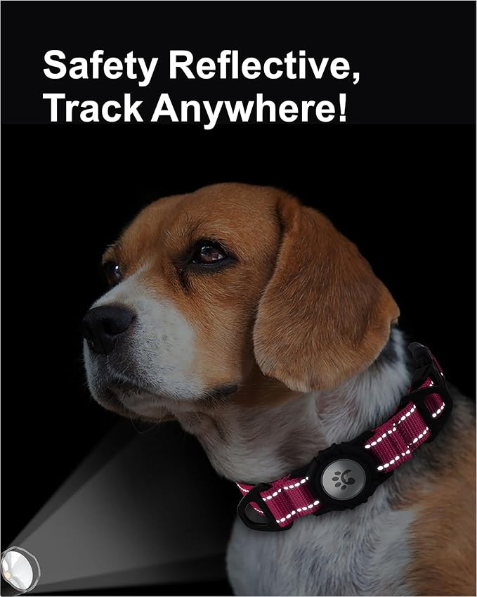 TagME Airtag Dog Collar,Waterproof Reflective Pet Collar with Airtag Holder,Soft Padded and Double D-Rings for Medium Dogs,Hot Pink-Mewly Pet