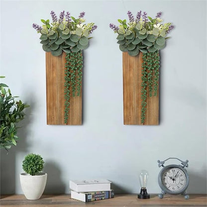 Wood Wall Planters 2 Pack with Artificial Greenery Plants - Pocket Wall Vases for Dried Flowers - Wood Wall Decor Hanging Planters for Living Room, Bedroom, Home Decor - Brown