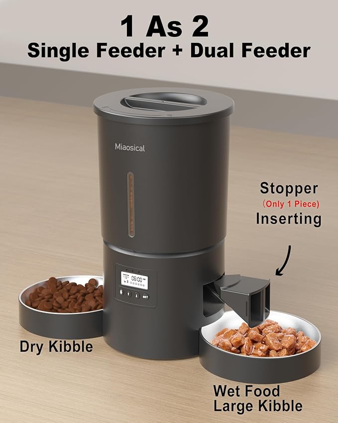 Dual Automatic Cat Feeder 2 Cats,6 Meals/Day,12 Portions/Meal,4.2L Dual Power Double Bowls Feeder,Dry Food Auto Pet Dispenser,10S Voice Record,Flexible Schedule Timer (Black,Stainless Dual Bowls)-Mewly Pet