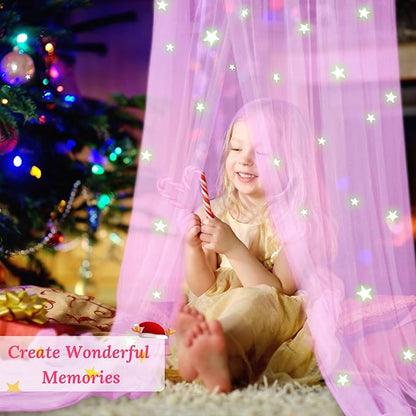 South to East Princess Bed Canopy with Glowing Stars, Pink Canopy for Girls' Room, Bed Canopy Curtains from Ceiling for Twin & Full Size Beds, Ideal Gift, Fire Retardant Fabric