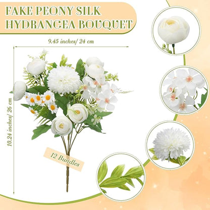 Tigeen 12 Bundles Peonies Artificial Flowers Faux Roses Silk Flowers Hydrangea Artificial Bouquet for Wedding Table Centerpiece Floral Vase Home Office Bridal Decor (Pure White)