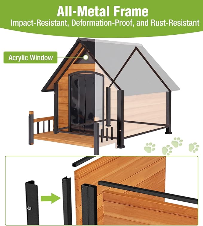 Large Outdoor Dog House Insulated, Weatherproof Dog Kennel with Porch, Anti-Chewing Metal Frame, for Medium to Large Breed-Mewly Pet