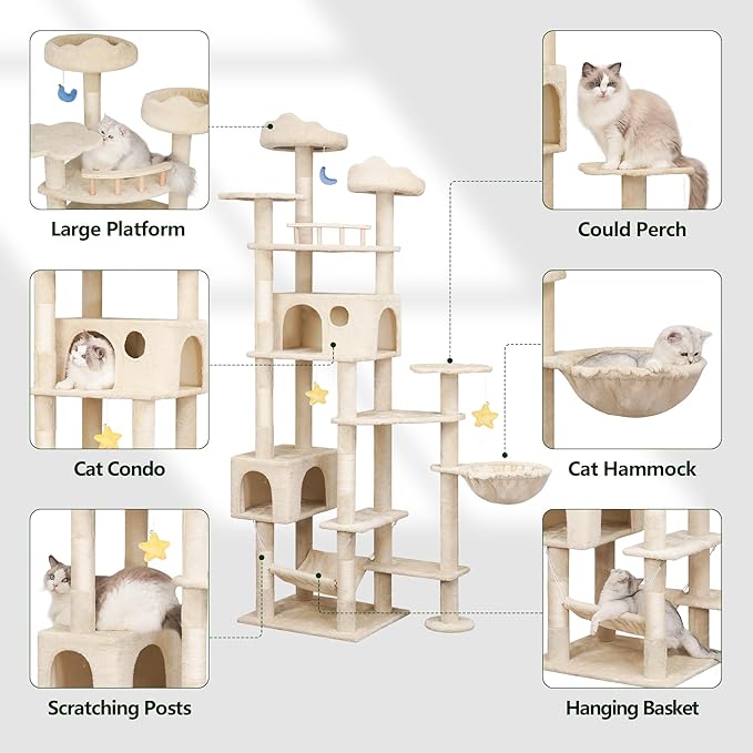 85inch Heavy Duty Cat Tree for Indoor Cats Large Adult, Tall Giant Cat Tower with Scratching Post, Large Perches, Cozy Cat Condos & Hanging Hammocks, Beige-Mewly Pet