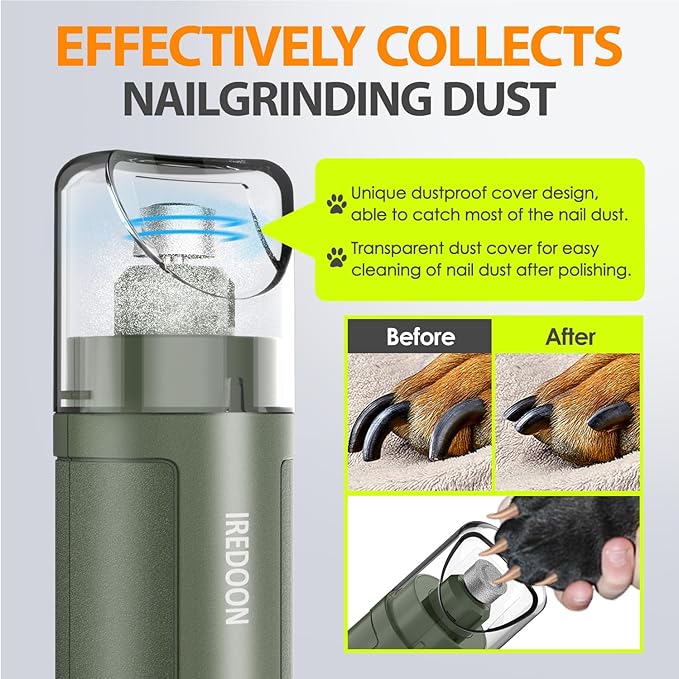 Dog Nail Grinder Upgraded - Professional 3-Speed Super Quiet and Low Vibration Electric Pet Nail Grinder with 4 LED Lights - Painless Paws Grooming & Smoothing for Small to Large Dogs (Green)-Mewly Pet