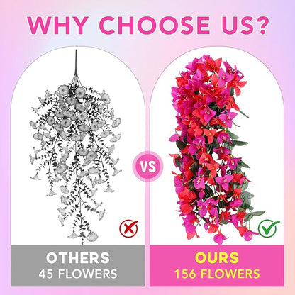 Artificial Bougainvillea Flowers for Outdoor Plant,4 pcs Faux Hanging Flowers Bougainvillea for Outside Decoration,Fake Silk UV Resistant Vines for Front Door Porch(Rose red+Fuchsia)