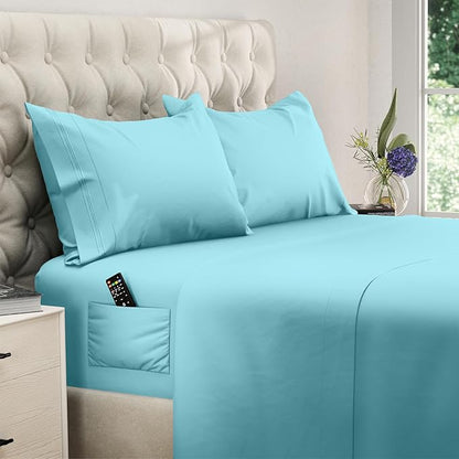 DREAMCARE Twin XL Sheets Set - 4 Pcs Cooling Bed Sheets with Up to 15" Deep Pockets - Soft, Long-Lasting 100% Brushed Polyester with Side Pocket (Spa Blue)