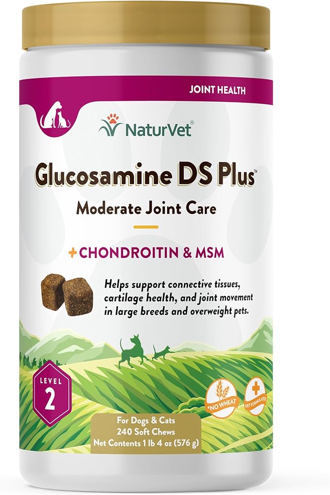 NaturVet – Glucosamine DS Plus - Level 2 Moderate Care – Supports Healthy Hip & Joint Function – Enhanced with Glucosamine, MSM & Chondroitin – for Dogs & Cats – 240 Soft Chews-Mewly Pet